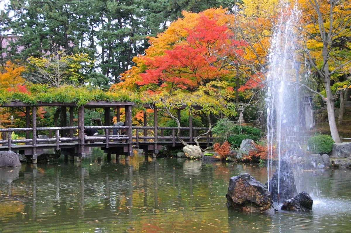 池に映し出される橋と紅葉が美しい